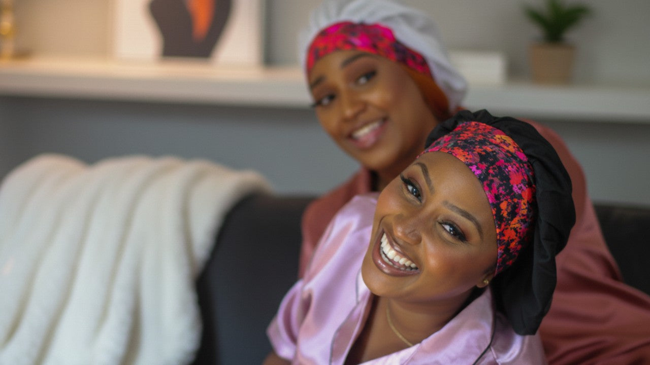 Two smiling women in luxury silk/satin air bonnets showing happy hair protection. Features pink and patterned breathable bonnet designs.