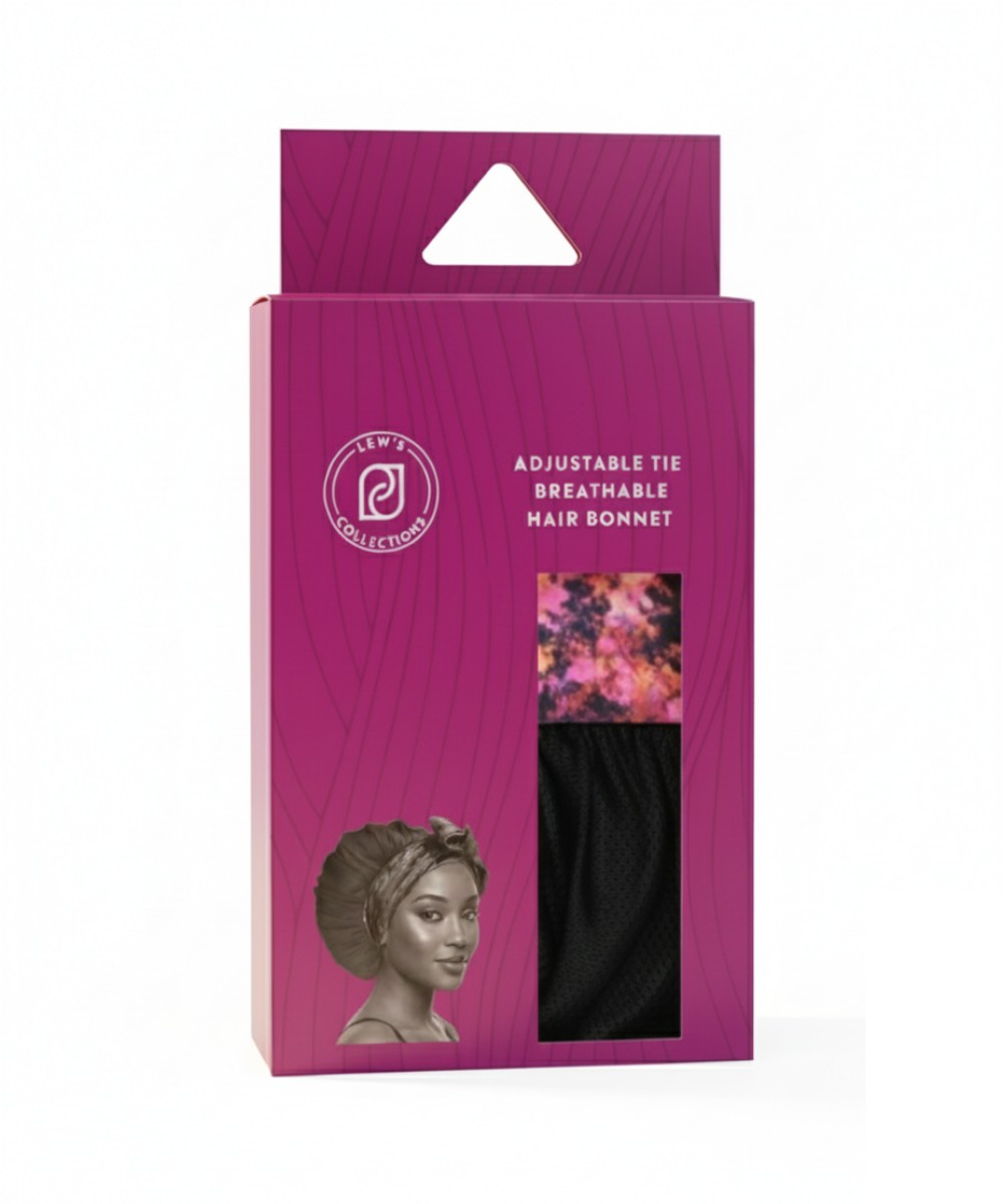 Product packaging for Lew's Collections black satin adjustable tie hair bonnet with cloudy blossom design for the satin band