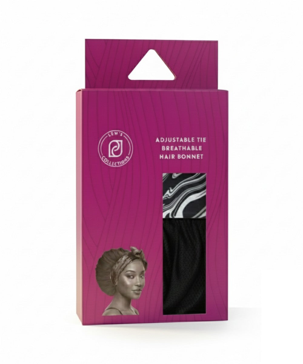 Satin hair bonnet product packaging for Lew's Collections black sleep cap adjustable tie hair bonnet with marble noir design for the satin band