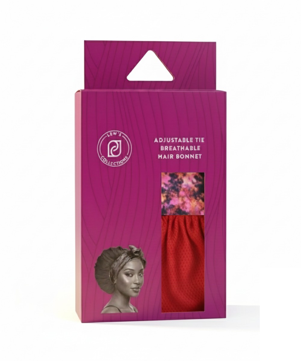 sleeping satin hair bonnet product packaging for Lew's Collections red adjustable tie hair bonnet with cloudy blossom design for the satin band