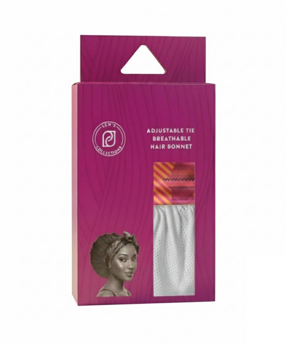 Product packaging for Lew's Collections white satin adjustable tie hair bonnet with aztec afrique design for the satin band