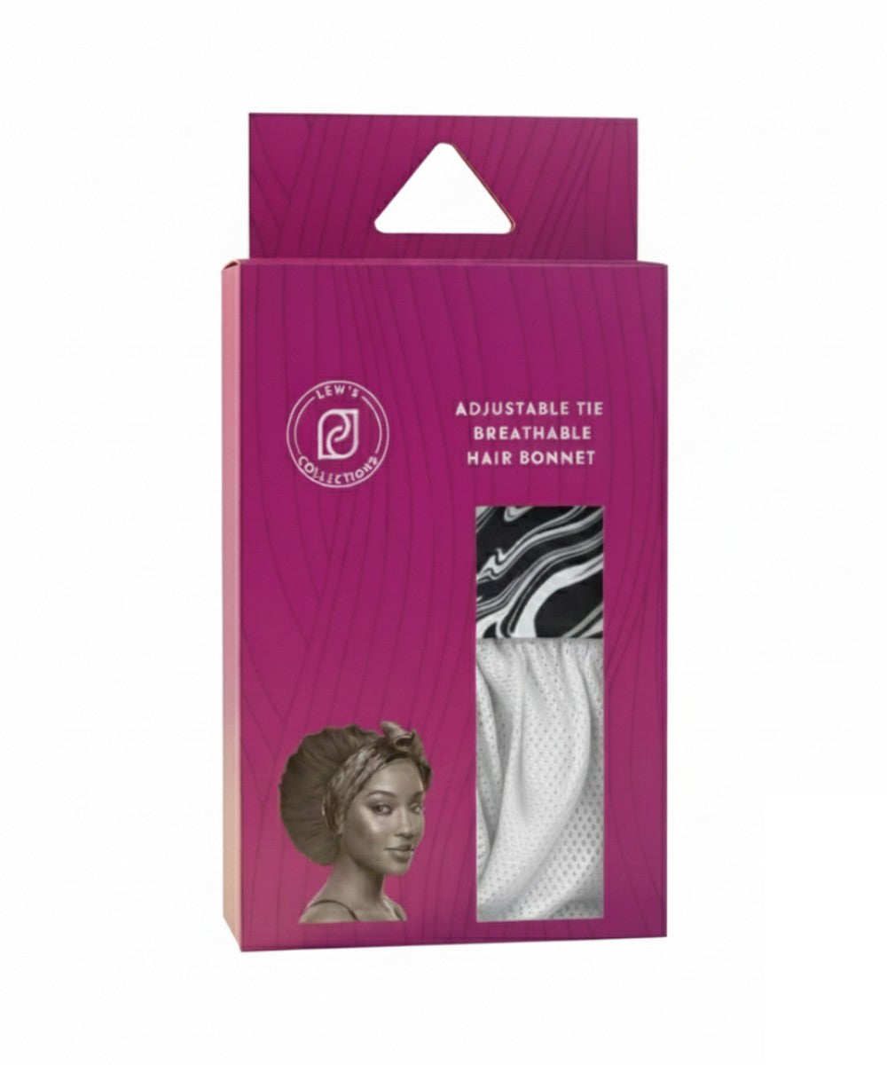 Product packaging for Lew's Collections white satin adjustable tie hair bonnet with marble noir design for the satin band