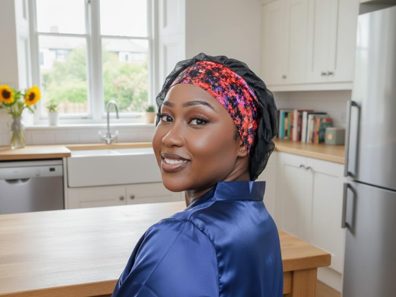 Smiling woman in a navy blue satin shirt and a black and red patterned lew's collections sleep bonnet sitting at a wooden kitchen table, with a bright window and white kitchen cabinets in the background.