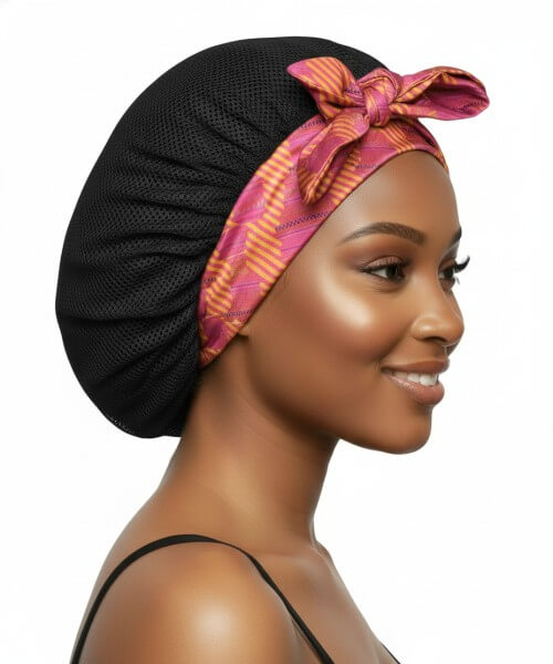 Profile shot of a smiling woman wearing a black breathable satin hair bonnet with a tied, vibrant pink and orange patterned satin band, highlighting hair protection.