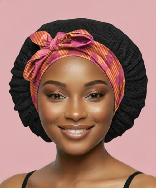 Adjustable tie satin bonnet with Aztec Afrique band and black lattice design, made to reduce frizz and maintain hairstyles during sleep.