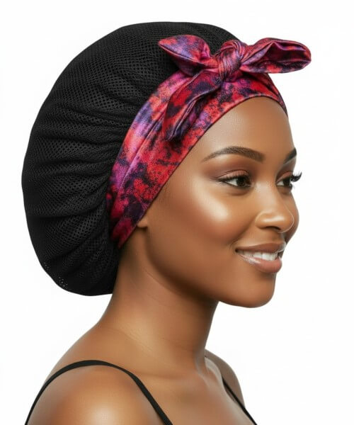 Profile of a smiling woman wearing a black breathable hair bonnet with a wide, vibrant abstract orange, pink, and red cloudy blossom satin band, showcasing modern hair accessories.