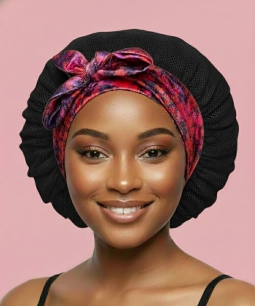 Adjustable tie satin bonnet in Cloudy Blossom with black lattice fabric, allowing a personalized fit for protecting curls and long styles overnight for sleeping.