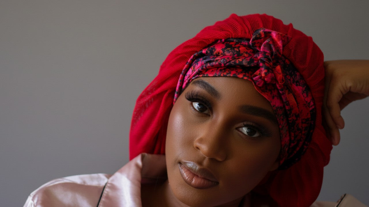Close-up of a beautiful woman wearing a vibrant red, breathable hair bonnet with a stylish black and red patterned satin band. She has elegant makeup and is looking directly at the viewer, showcasing premium hair protection and sophisticated style.