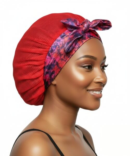 Profile of a smiling woman wearing a red breathable hair bonnet with a vibrant tied cloudy blossom satin band, showcasing protective hair care.