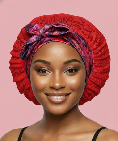 Red lattice adjustable tie satin sleep bonnet featuring the Cloudy Blossom band, designed for secure, breathable, and protective nighttime wear for sleeping.