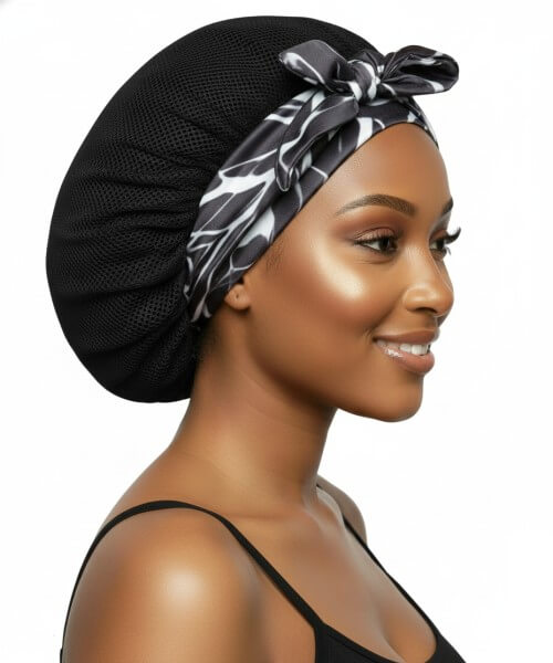 Profile of a smiling woman wearing a black breathable hair bonnet with a tied black and white marble satin band, highlighting stylish hair protection.