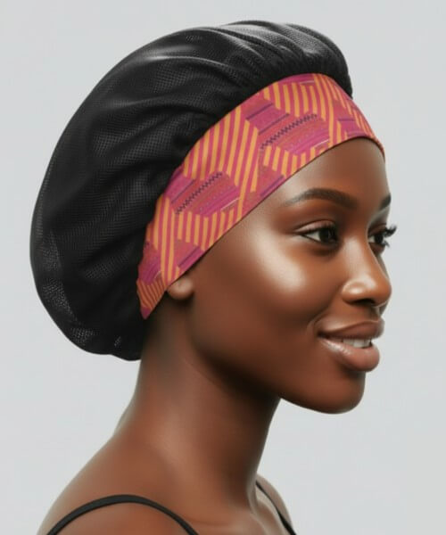 Profile of a smiling woman wearing a black breathable hair bonnet with a wide, patterned pink and orange Aztec satin band, offering comfortable hair protection.