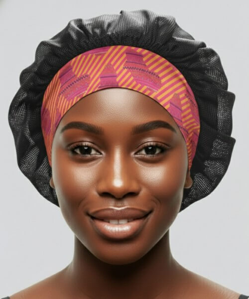 Standard-band satin bonnet featuring Aztec Afrique pattern and black lattice material, providing comfortable overnight hair protection.