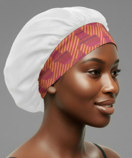 Profile of a smiling woman wearing a white breathable hair bonnet with a wide, patterned pink and orange Aztec satin band, perfect for healthy, vibrant hair.