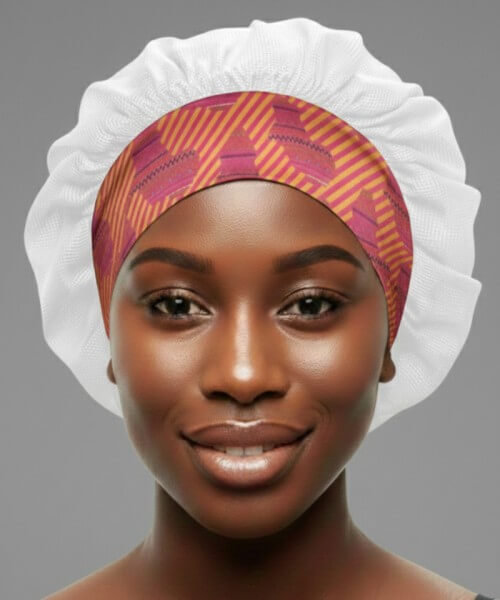 White lattice satin sleep bonnet with Aztec Afrique standard band, created to protect textured, natural, and relaxed hair while resting.