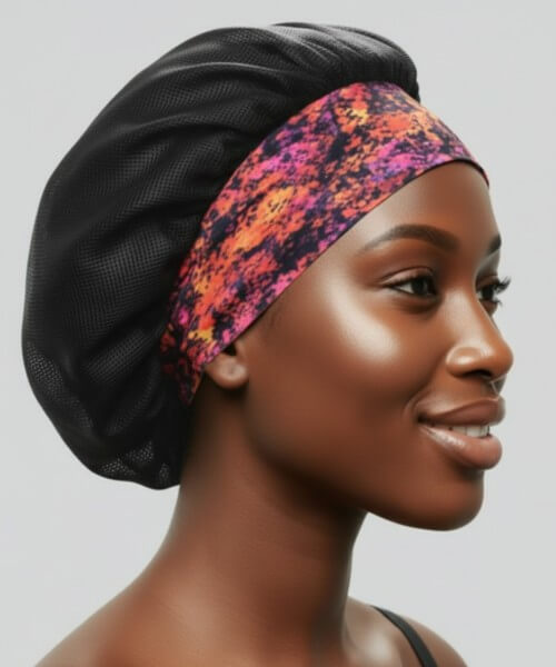 Profile of a smiling woman wearing a black breathable hair bonnet with a wide, vibrant abstract orange, pink, and black satin band, showcasing modern hair accessories.