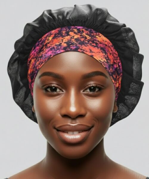 Cloudy Blossom satin bonnet with a standard band and black lattice body, made to prevent frizz and keep hairstyles smooth while sleeping.