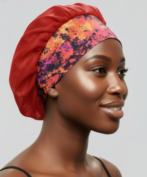 Profile of a smiling woman wearing a red breathable hair bonnet with a wide, vibrant abstract orange, pink, and black satin band, ideal for daily hair protection.