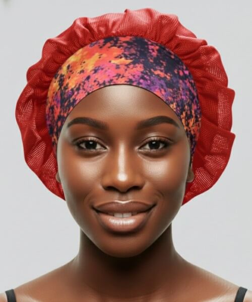 Satin sleep bonnet with a Cloudy Blossom standard band and red lattice fabric, designed to secure styles and reduce breakage while you sleep.