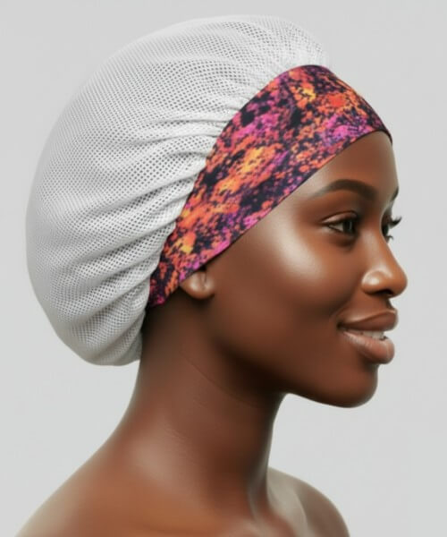 Profile shot of a smiling woman wearing a white breathable hair bonnet with a vibrant orange, pink, and black abstract cloudy blossom patterned satin band, showing modern hair care.