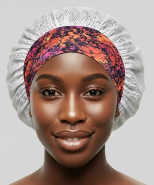 Standard-band satin hair bonnet in Cloudy Blossom with breathable white lattice, ideal for protecting curls, braids, and long hair overnight.