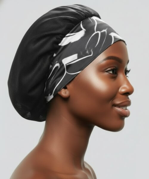 Profile shot of a smiling woman wearing a black breathable hair bonnet with a stylish black and white marble noir patterned satin band, ideal for hair health.