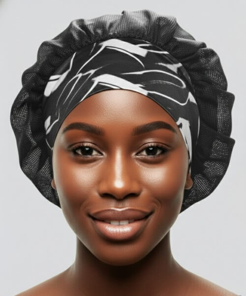 Black satin standard-band hair bonnet with Marble Noir trim and breathable black lattice, designed for overnight hair protection and moisture retention.