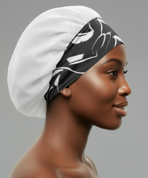 Profile shot of a smiling woman wearing a white breathable hair bonnet with a stylish black and white marble noir patterned satin band, ideal for hair health.