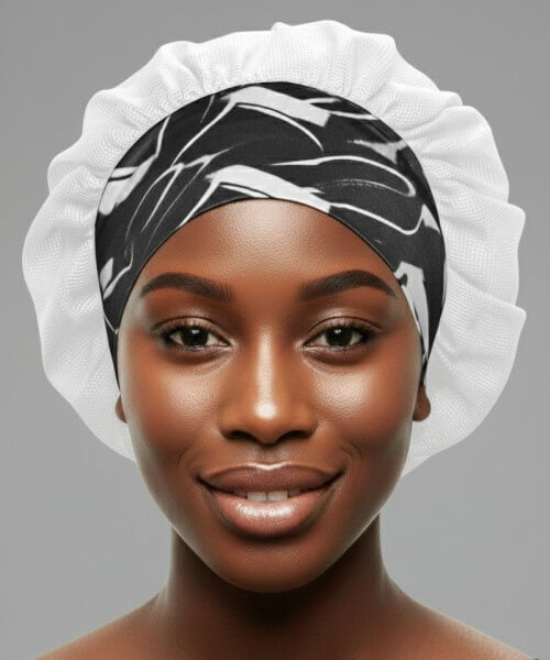White lattice satin sleep bonnet with a Marble Noir standard band, offering gentle overnight protection for natural, curly, or straight hair types.