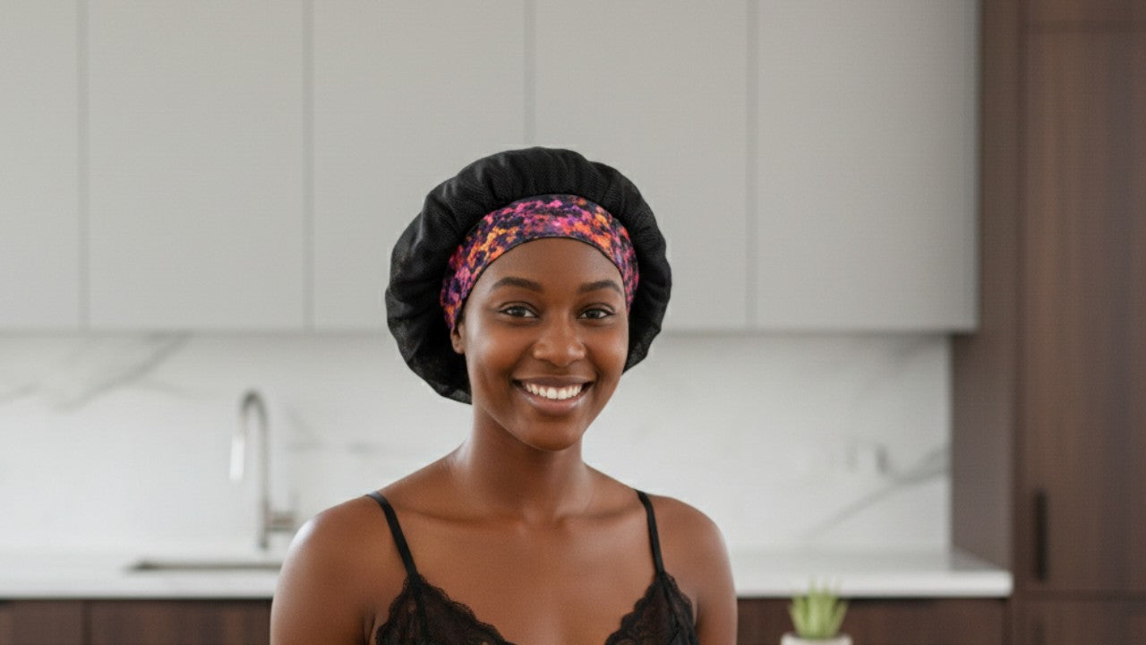 Woman wearing a black hair bonnet with a vibrant cloudy blossom satin band, smiling happily in a modern, light-filled kitchen, showcasing versatile wear.